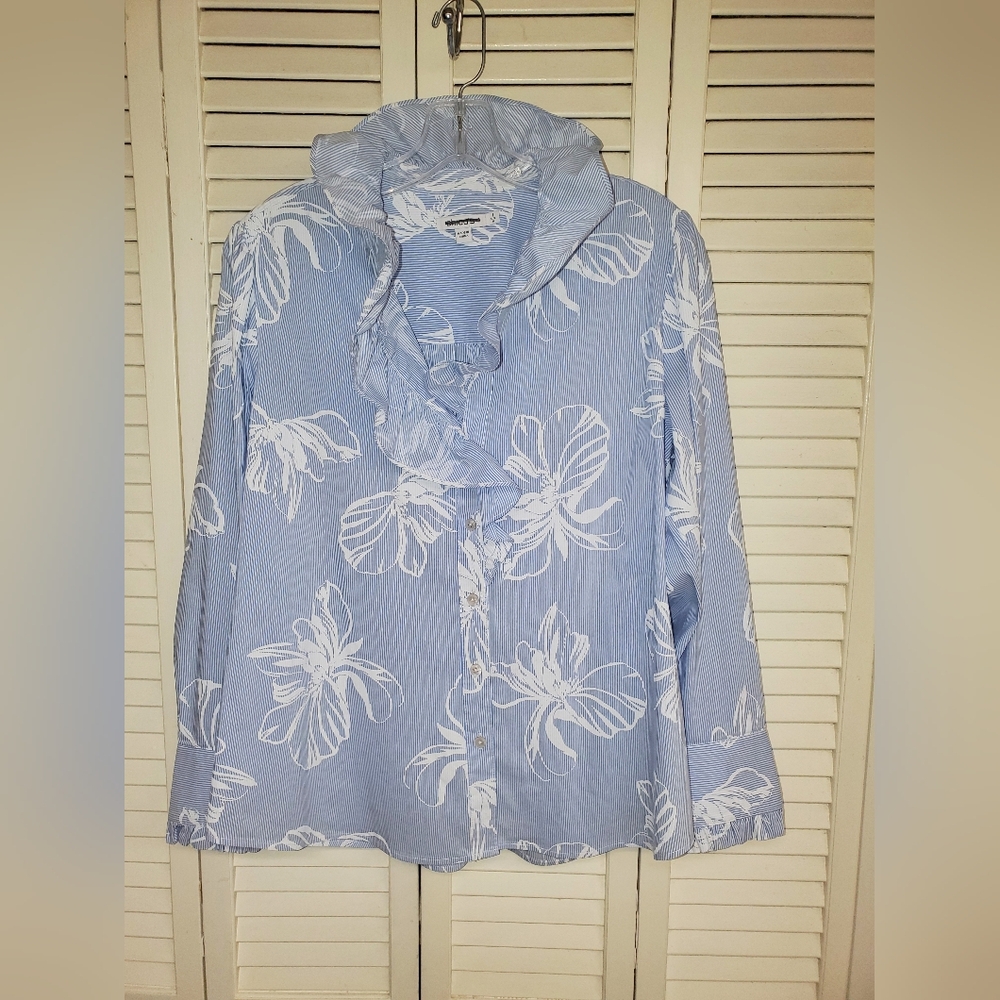 Chico's Blue and White Floral Blouse With Ruffle Collar Size 1